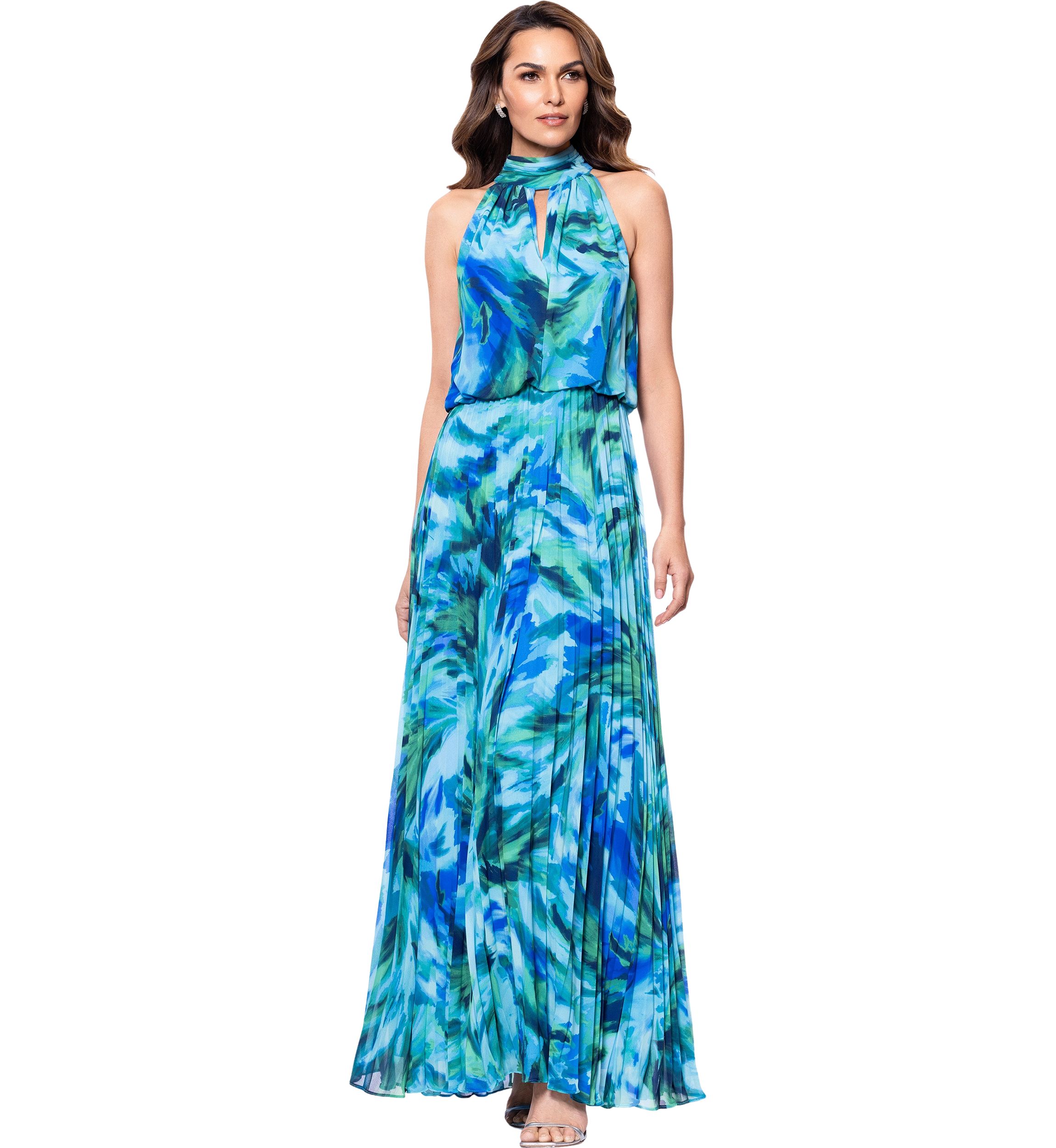Womens Halter Neck Floral Printed Chiffon Gown