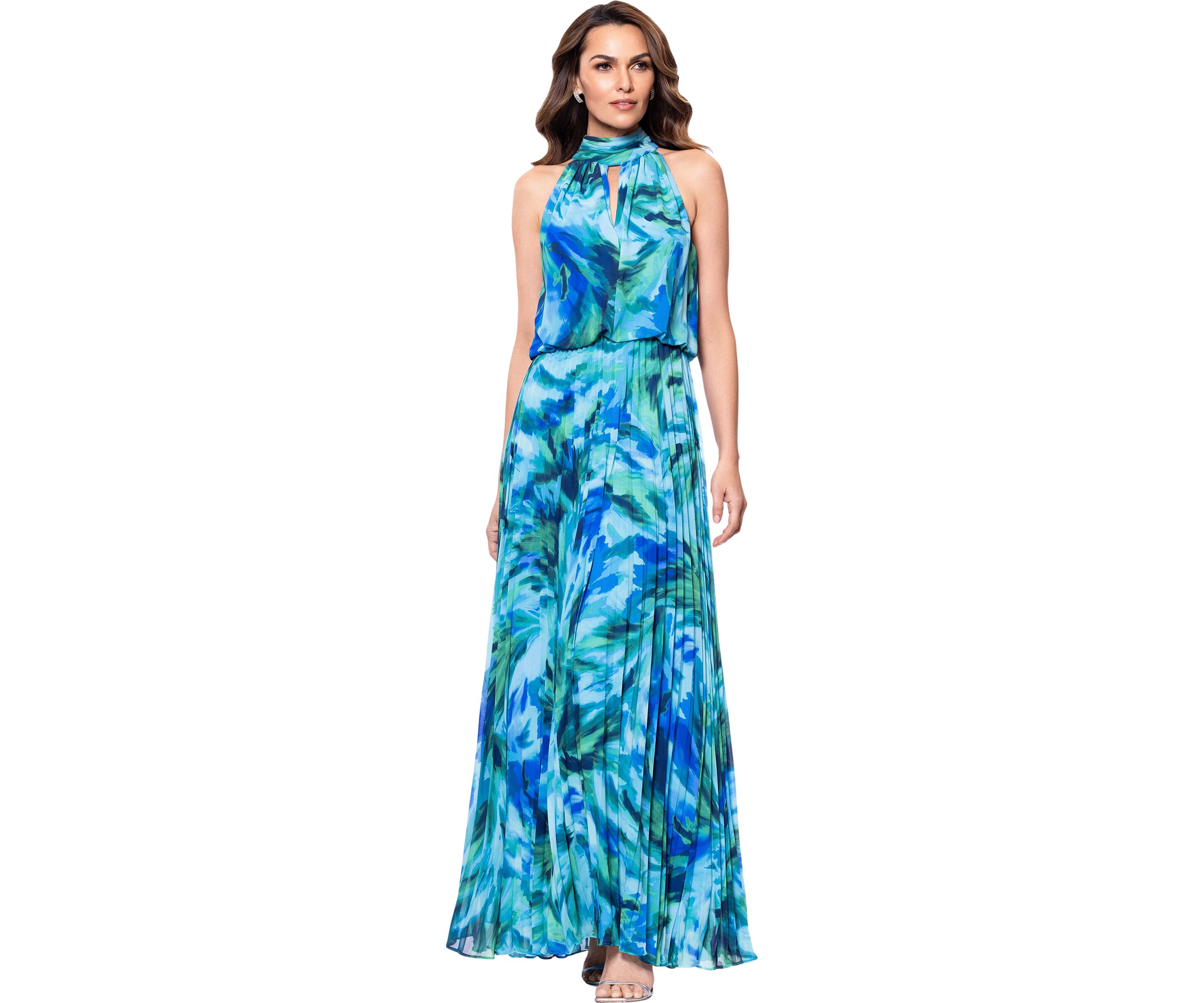 Womens Halter Neck Floral Printed Chiffon Gown