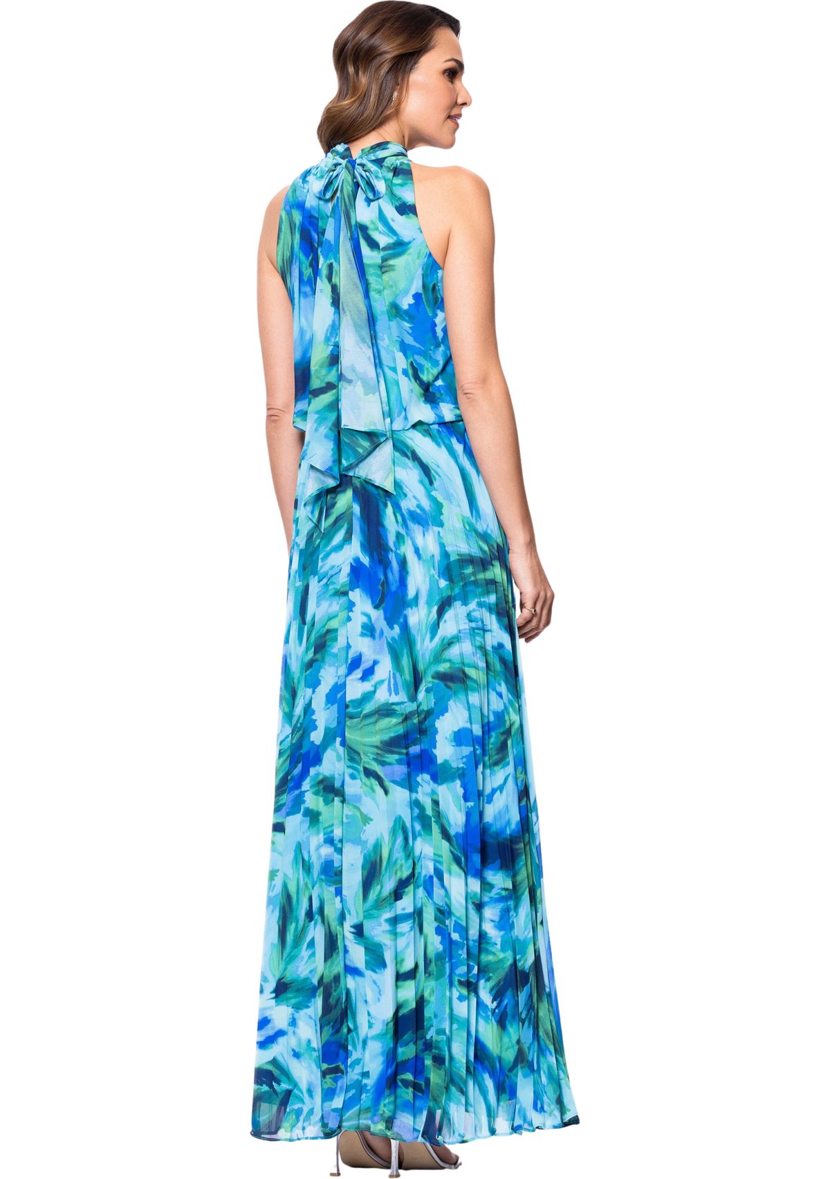 Womens Halter Neck Floral Printed Chiffon Gown