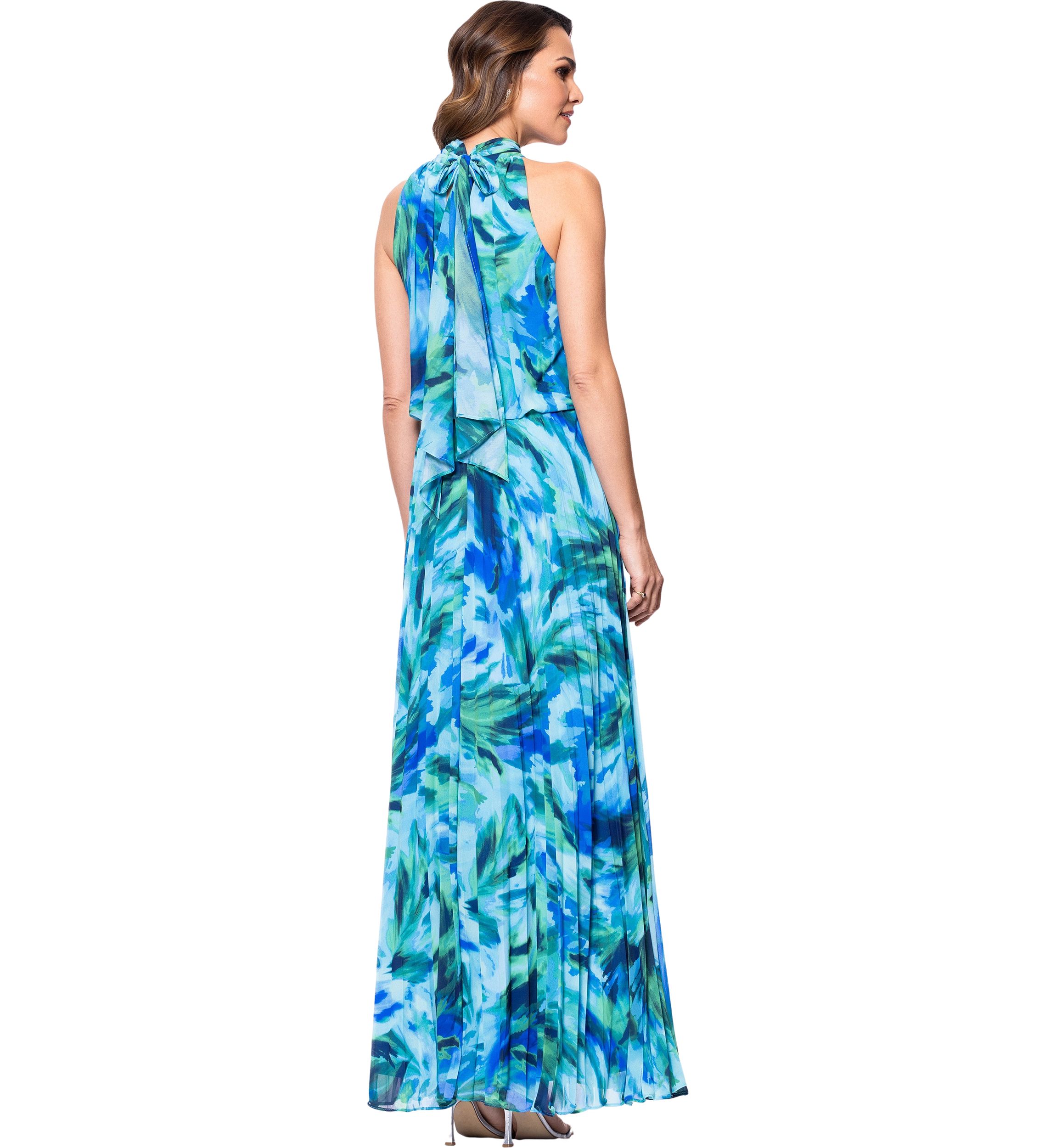 Womens Halter Neck Floral Printed Chiffon Gown