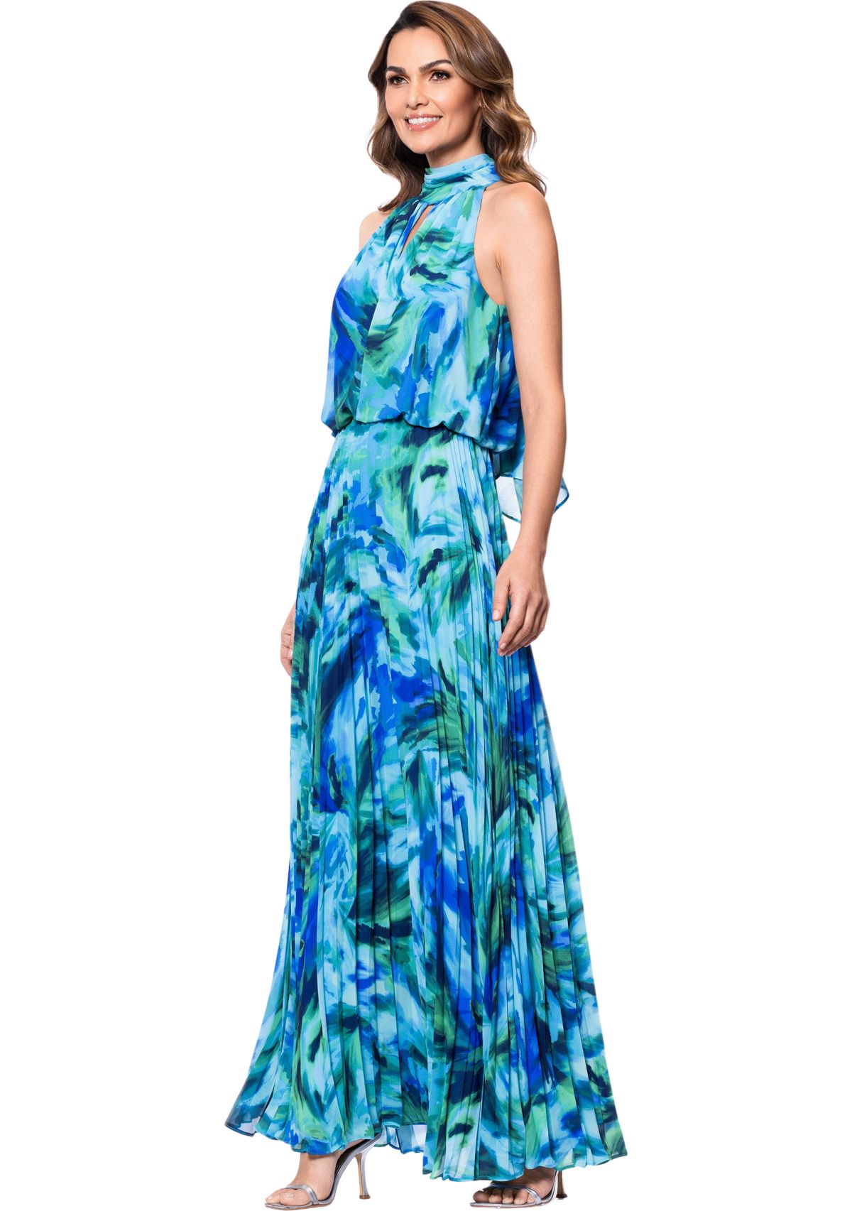 Womens Halter Neck Floral Printed Chiffon Gown