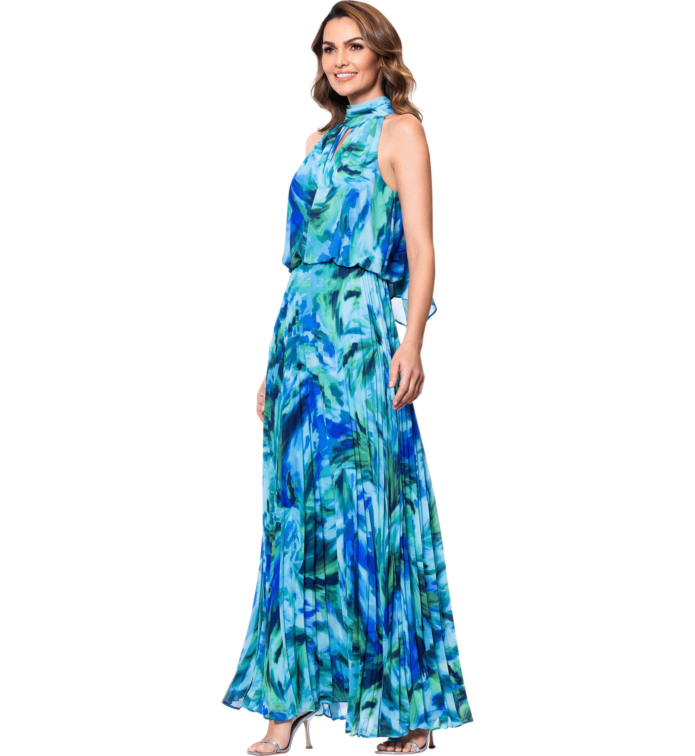 Womens Halter Neck Floral Printed Chiffon Gown