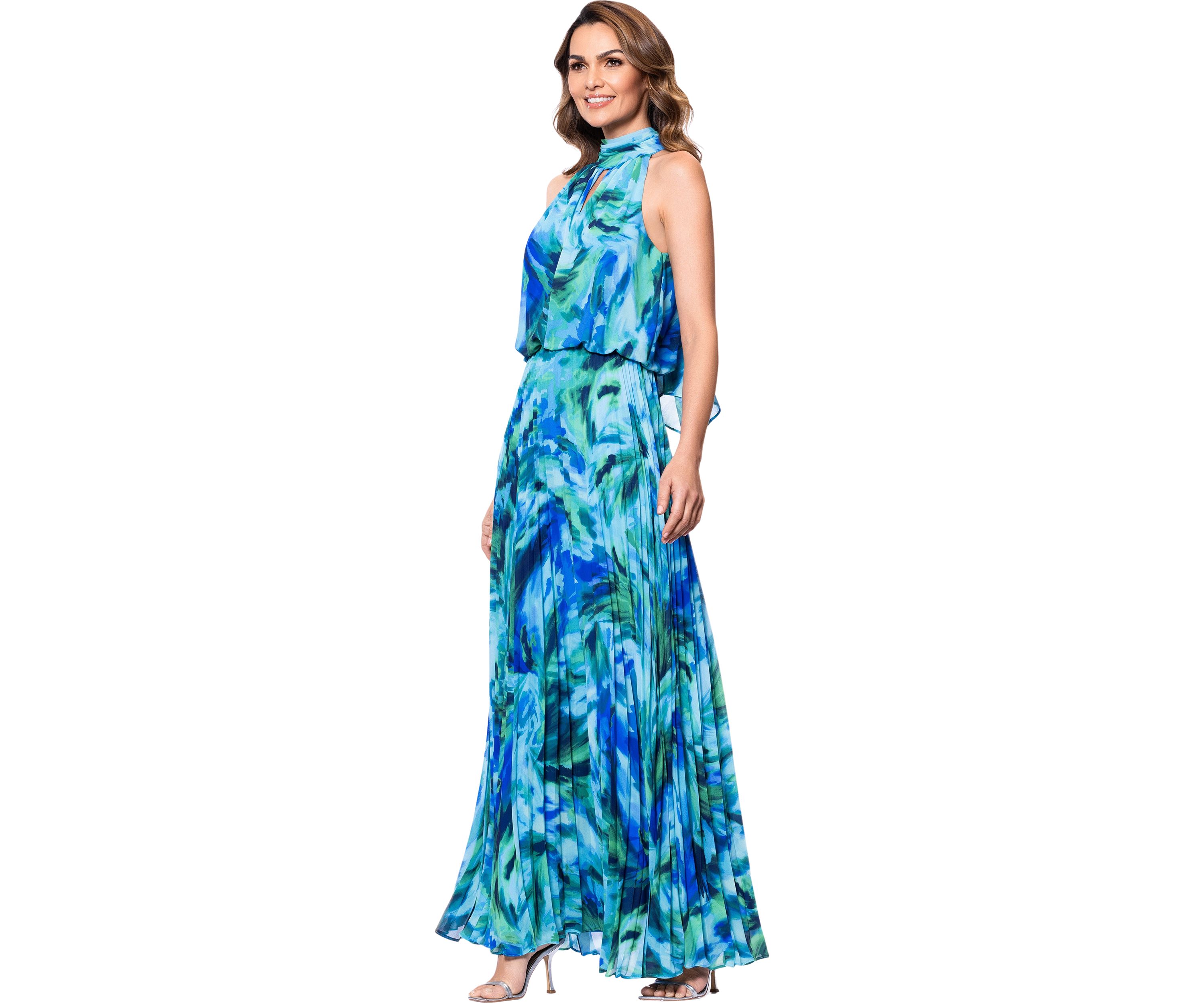 Womens Halter Neck Floral Printed Chiffon Gown