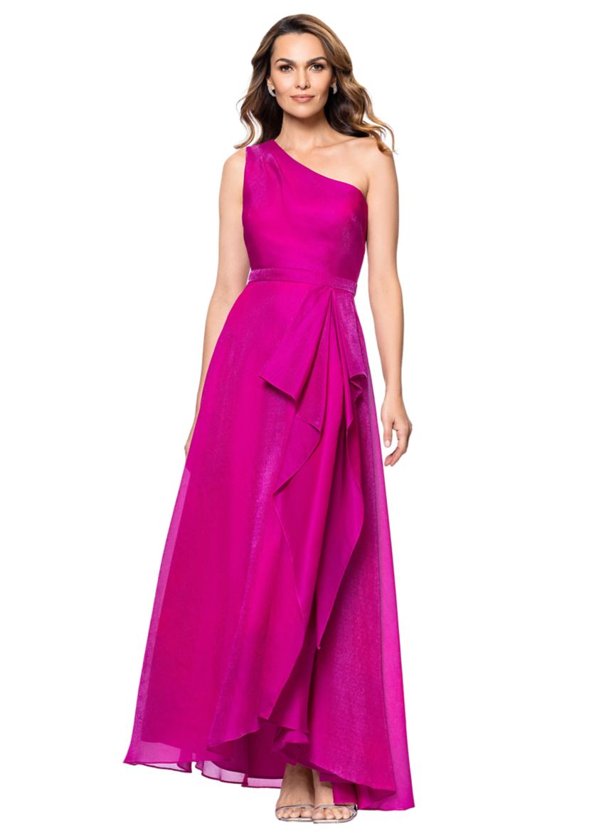 Womens Asymmetrical Ruffle Gown