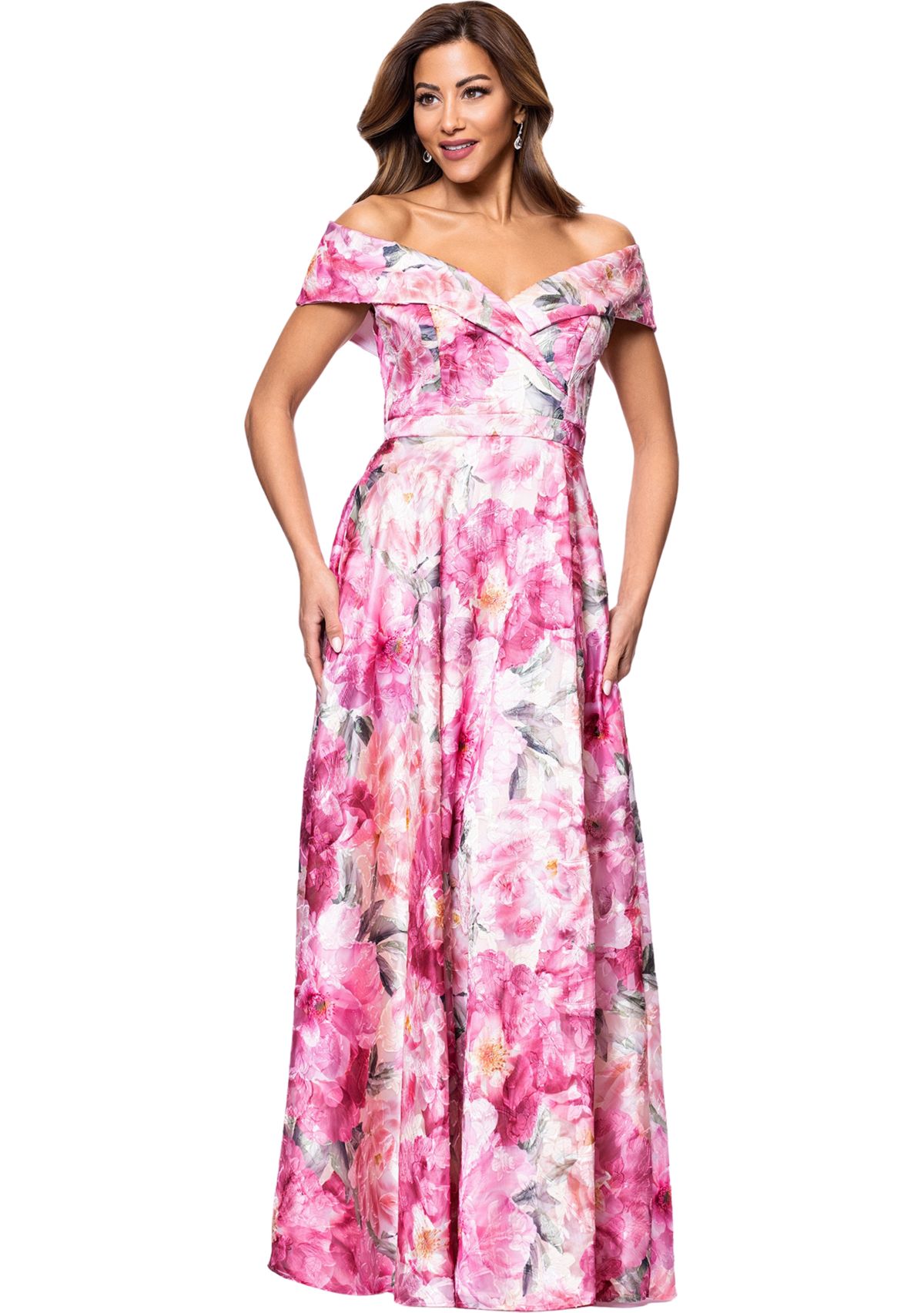 Womens Sleeveless Off the Shoulder Floral Print Gown 