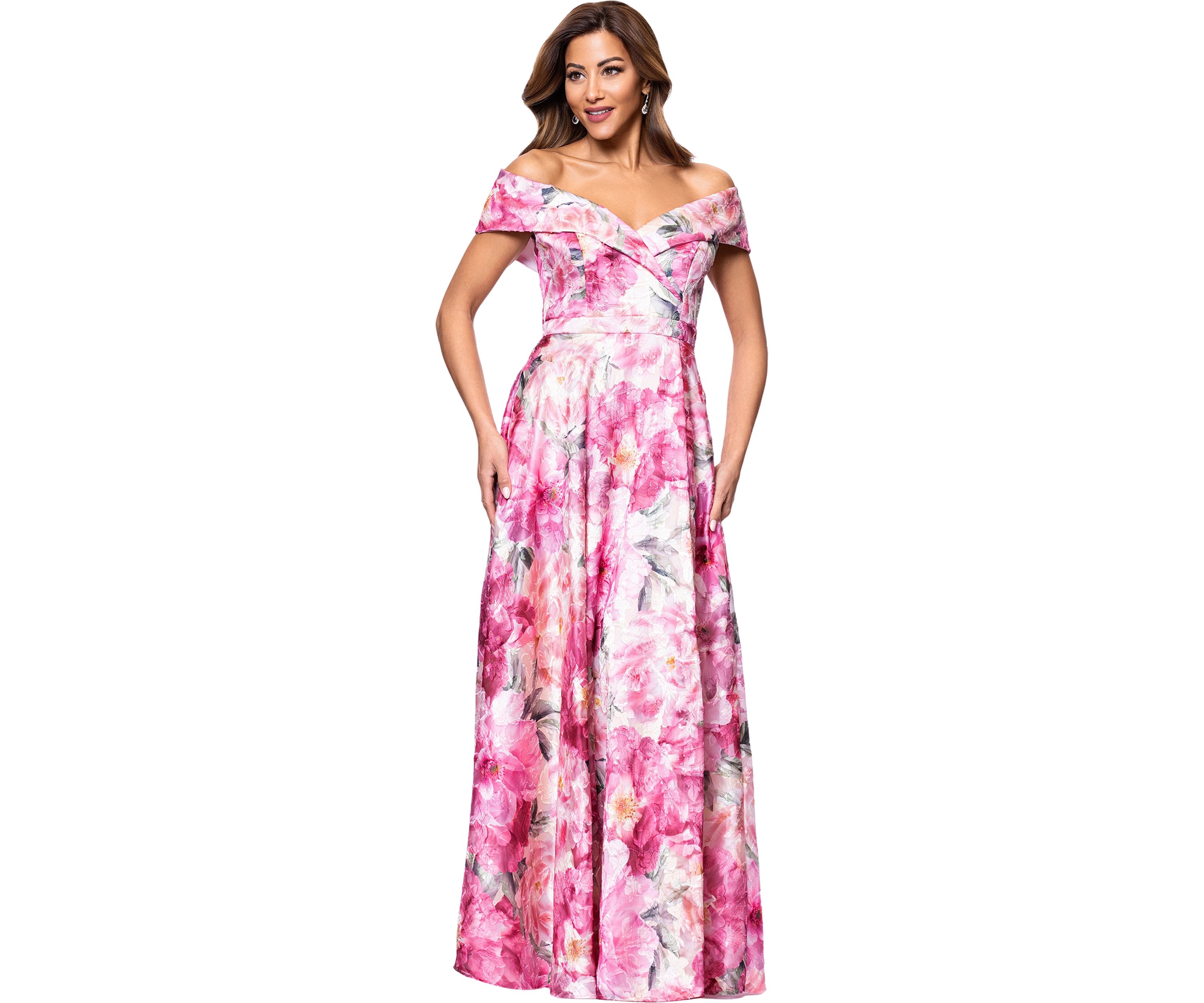 Womens Sleeveless Off the Shoulder Floral Print Gown 