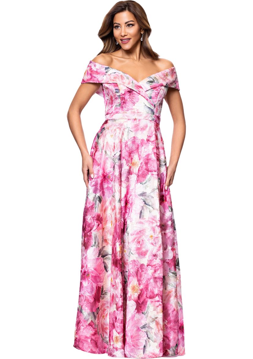 Womens Sleeveless Off the Shoulder Floral Print Gown 
