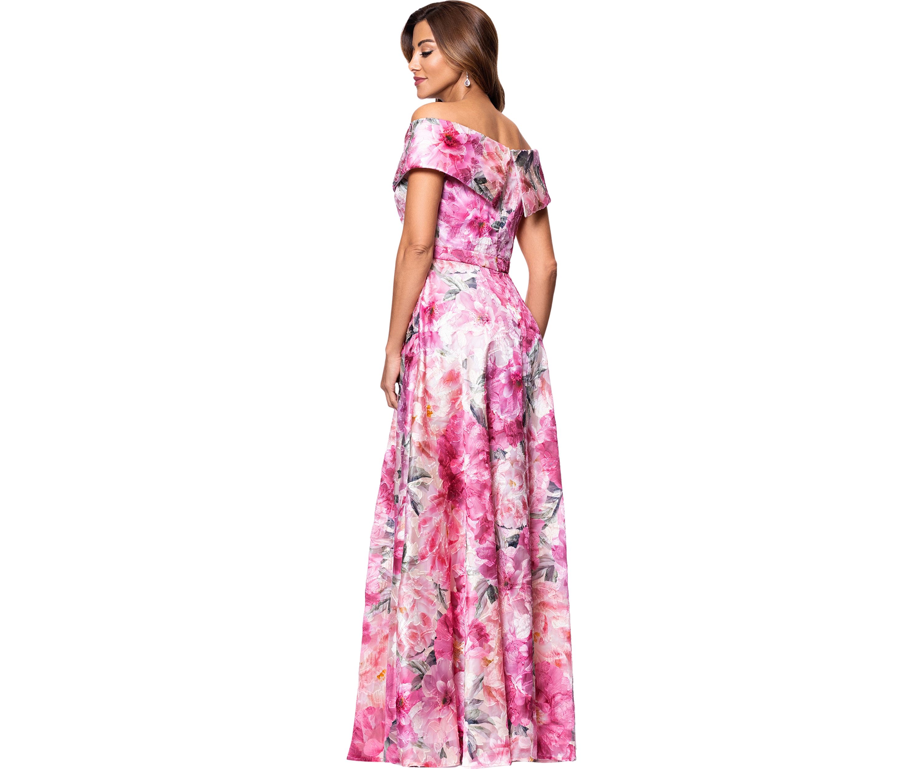 Womens Sleeveless Off the Shoulder Floral Print Gown 