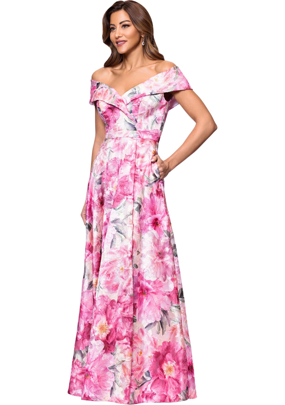 Womens Sleeveless Off the Shoulder Floral Print Gown 