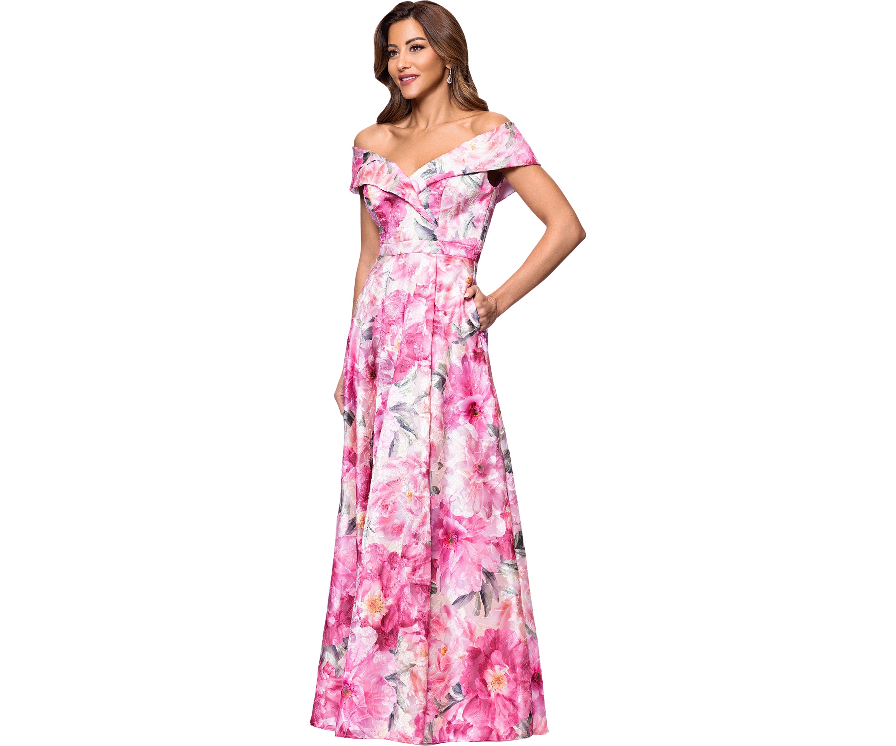 Womens Sleeveless Off the Shoulder Floral Print Gown 