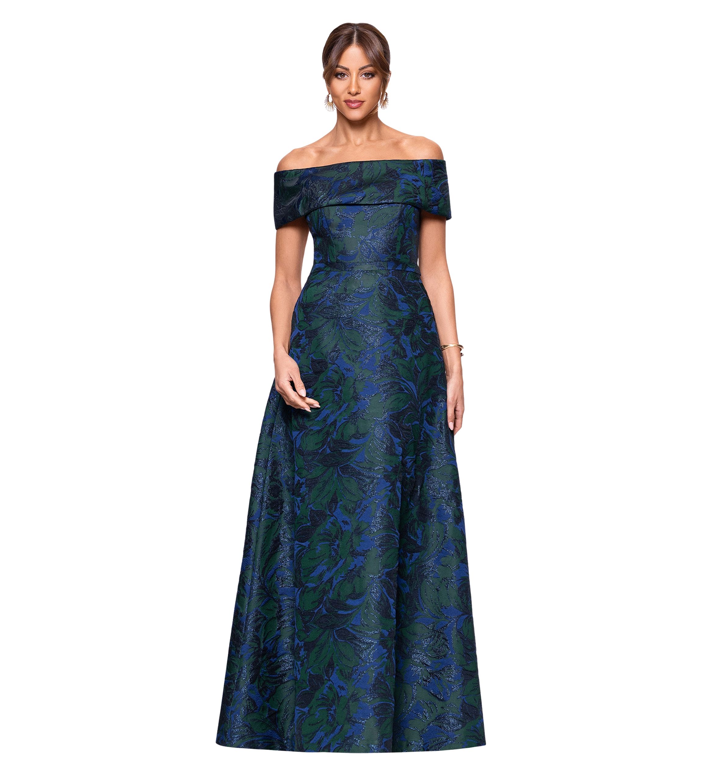 Womens Sleeveless Off the Shoulder Printed Ballgown