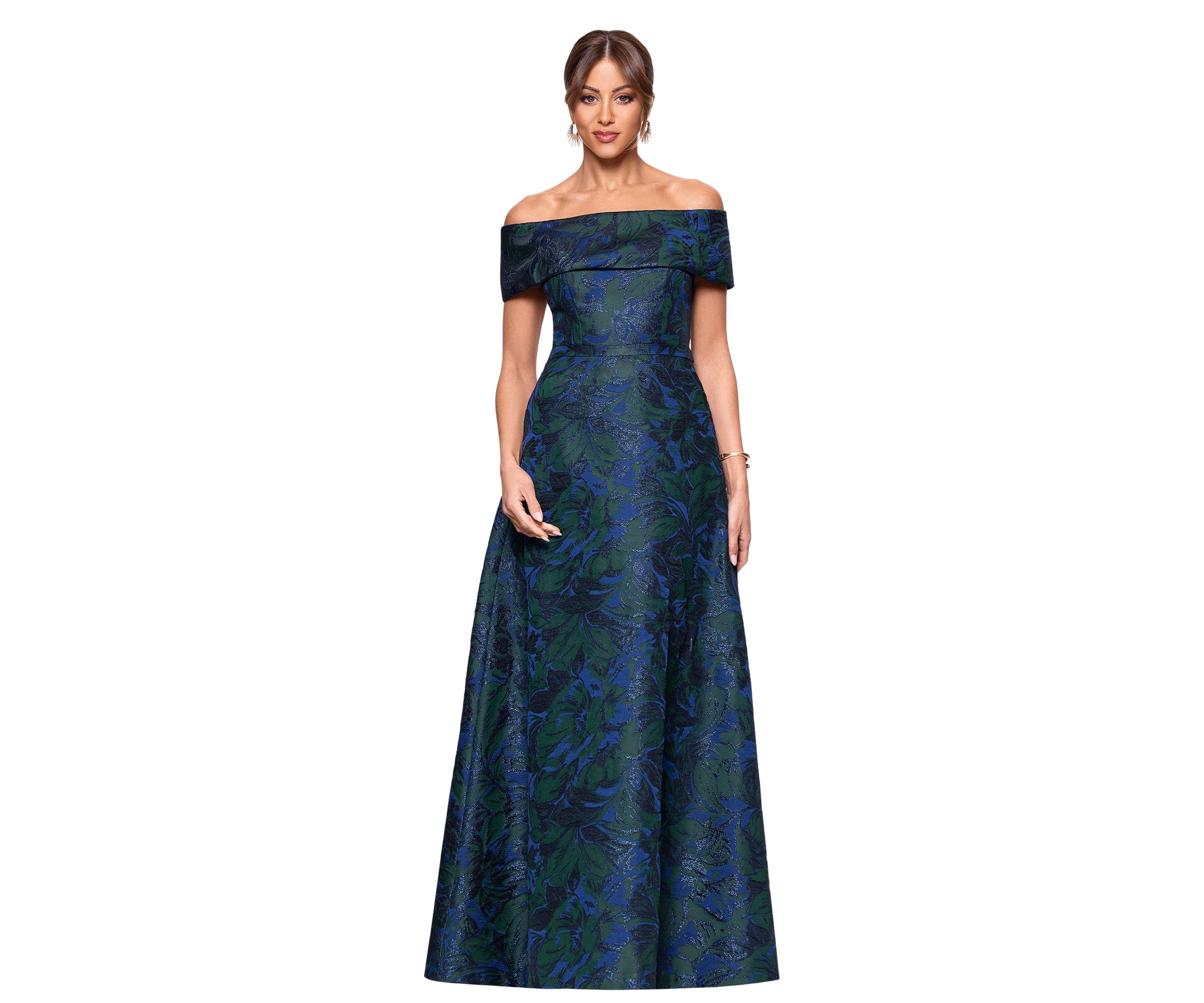 Womens Sleeveless Off the Shoulder Printed Ballgown