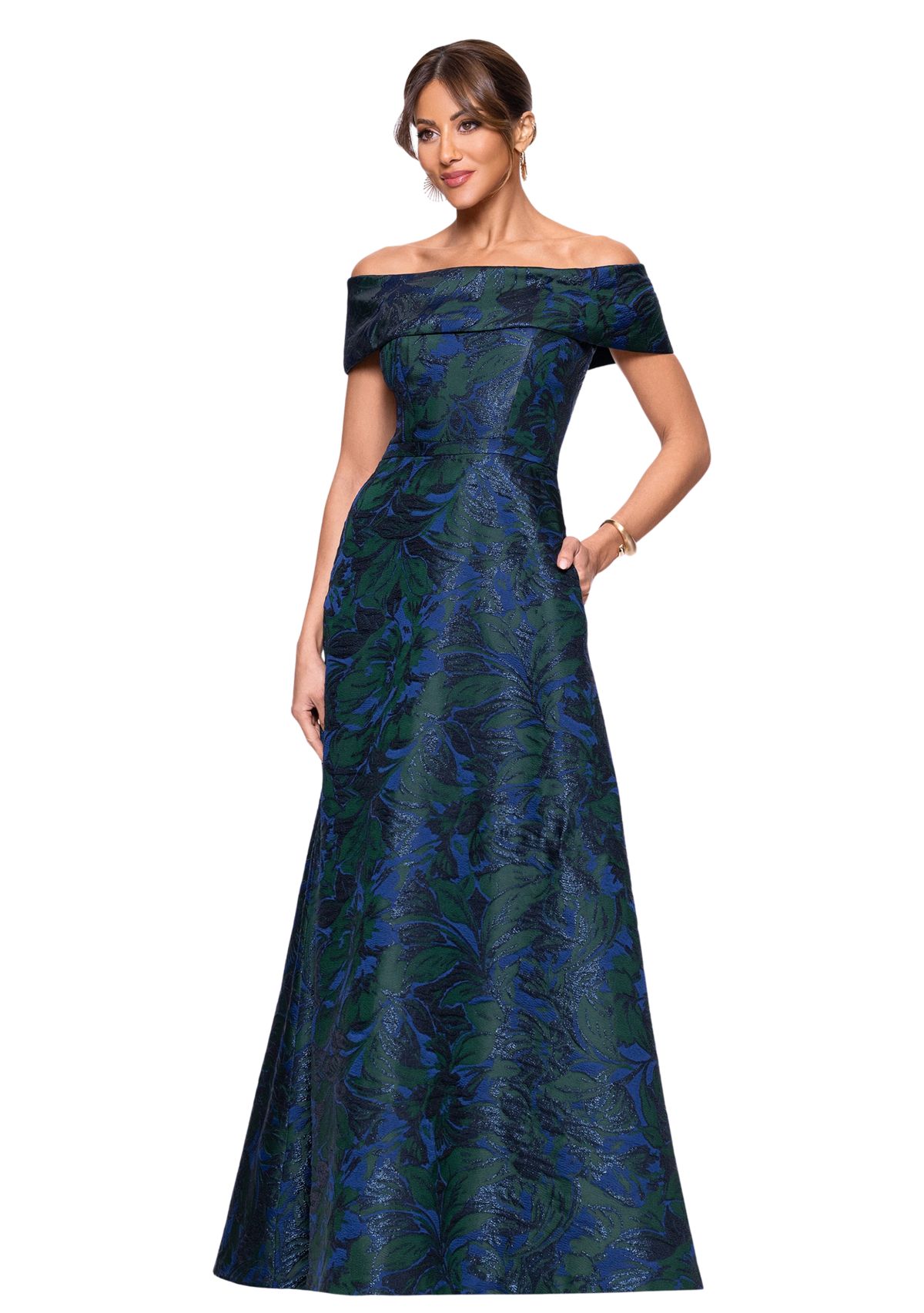 Womens Sleeveless Off the Shoulder Printed Ballgown