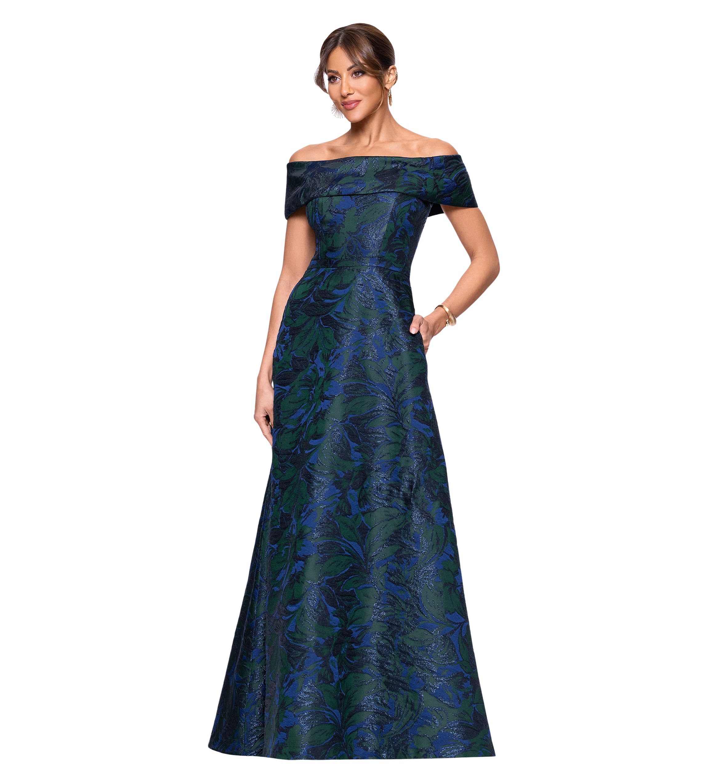 Womens Sleeveless Off the Shoulder Printed Ballgown