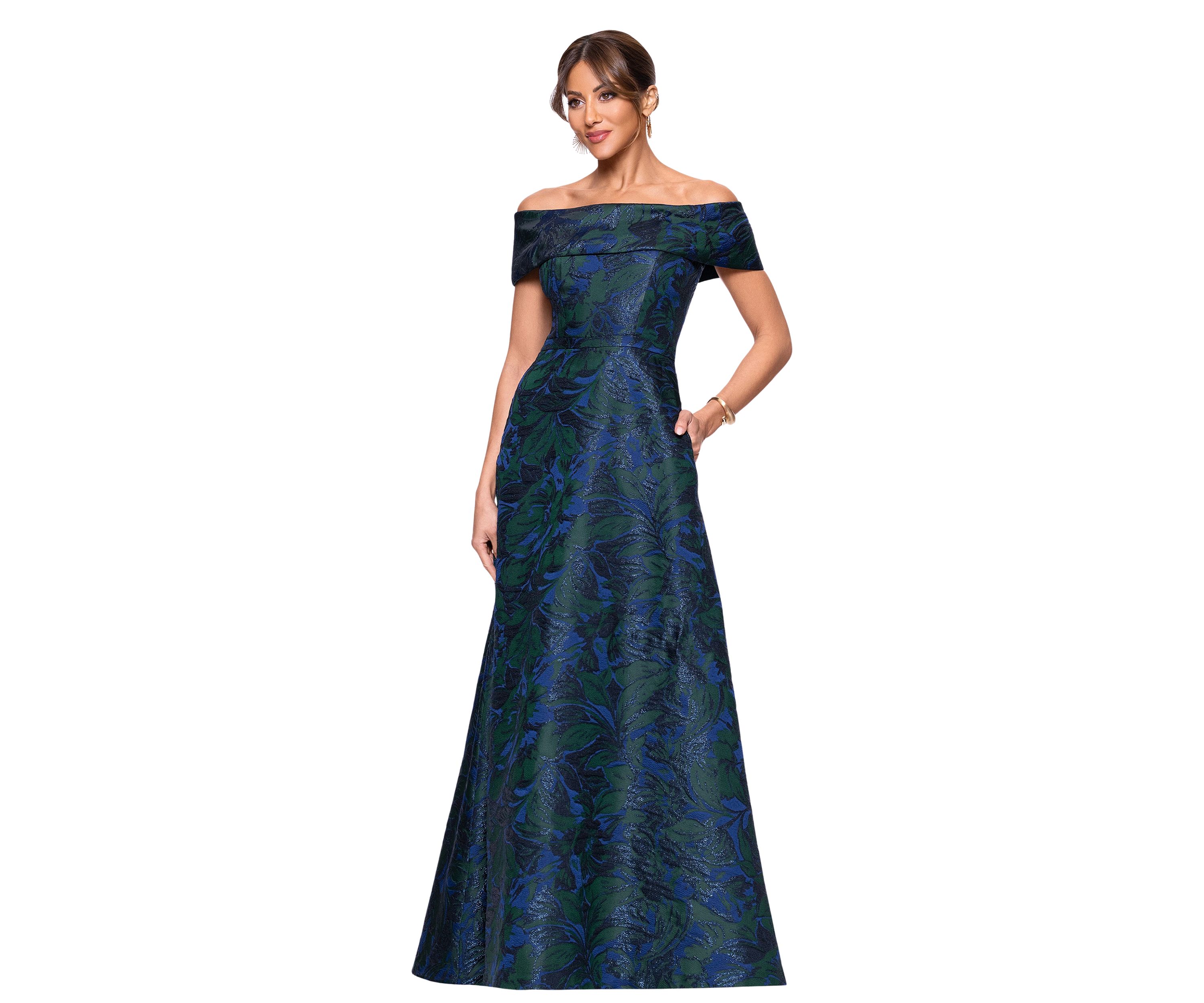 Womens Sleeveless Off the Shoulder Printed Ballgown