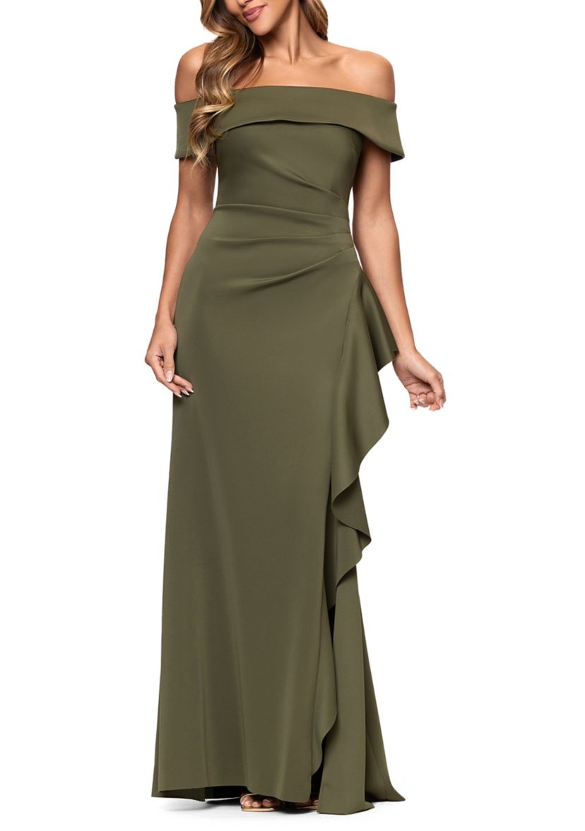 xscape dresses off the shoulder Xscape Women's Ruffled-Off-The-Shoulder Crepe Gown - Navy