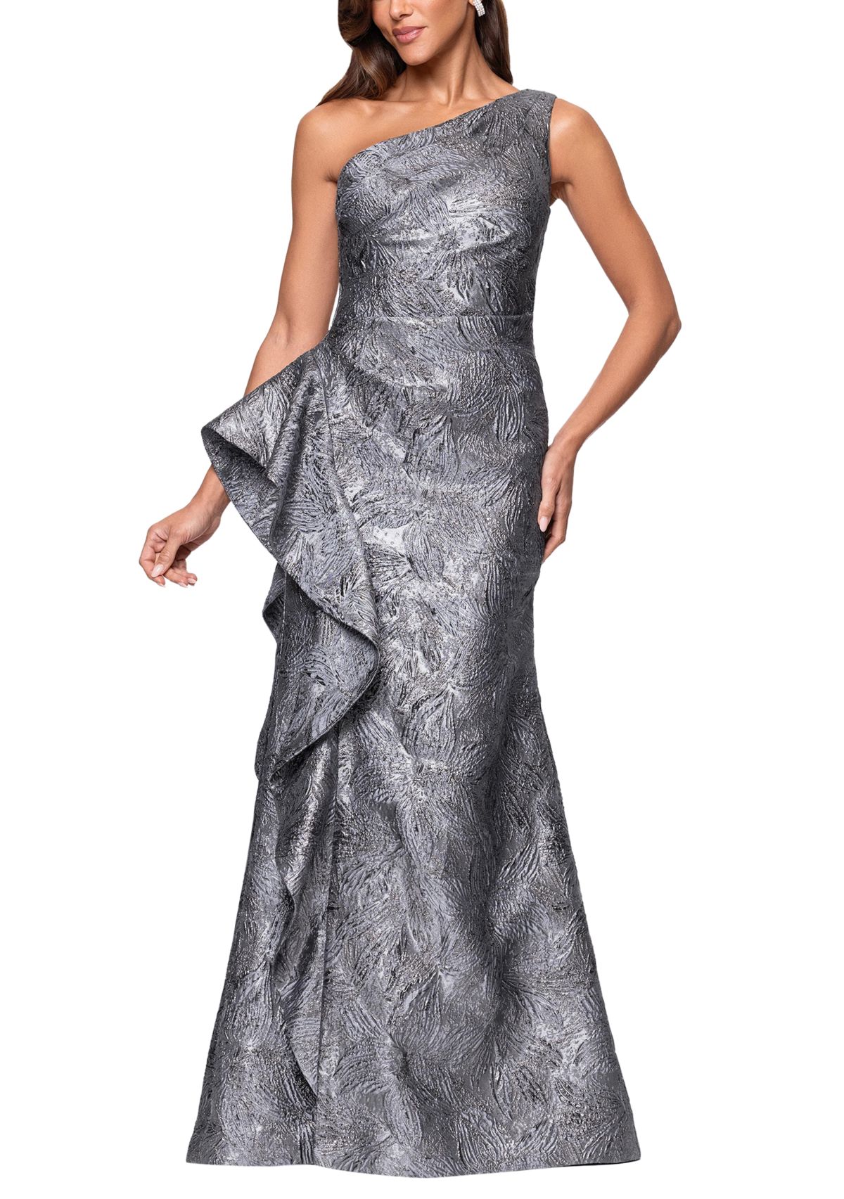 Womens Sleeveless One Shoulder Side Ruffle Gown