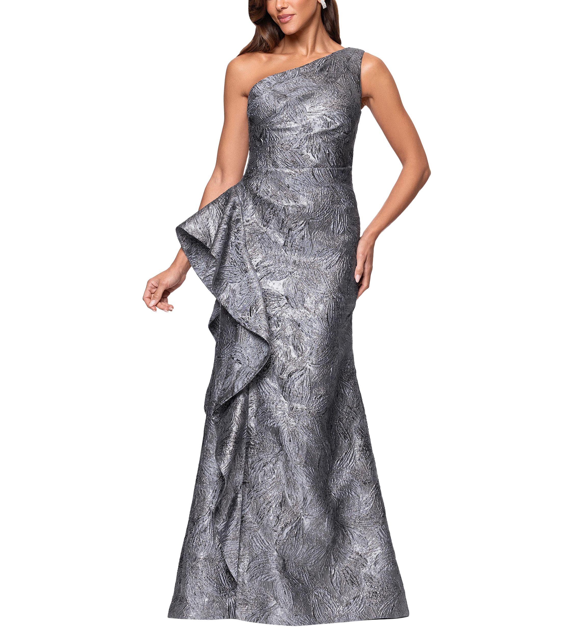 Womens Sleeveless One Shoulder Side Ruffle Gown