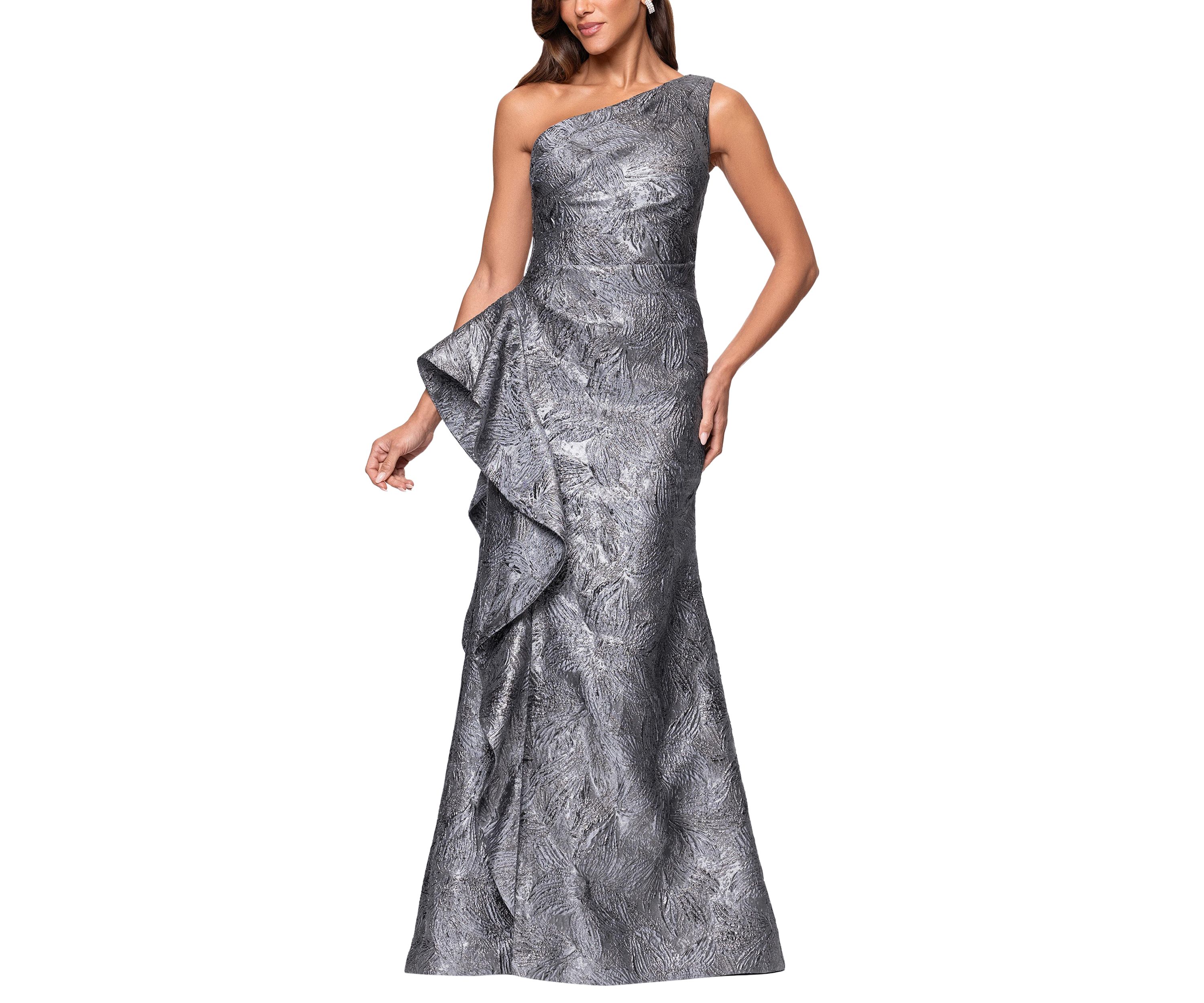 Womens Sleeveless One Shoulder Side Ruffle Gown