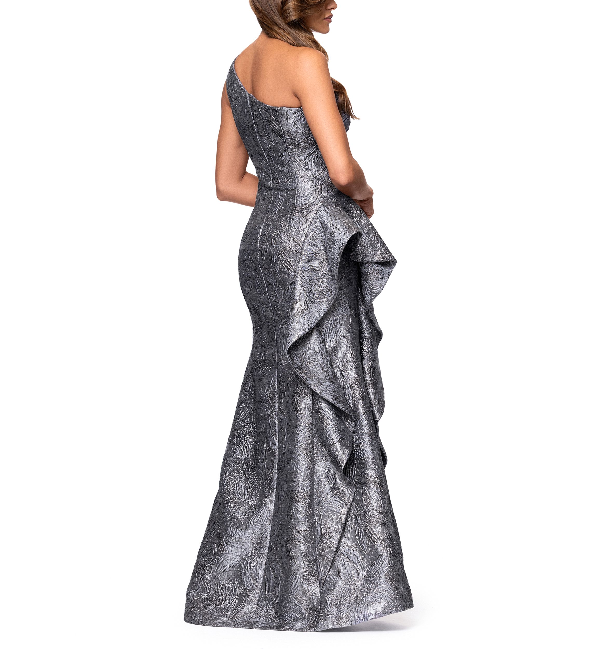 Womens Sleeveless One Shoulder Side Ruffle Gown