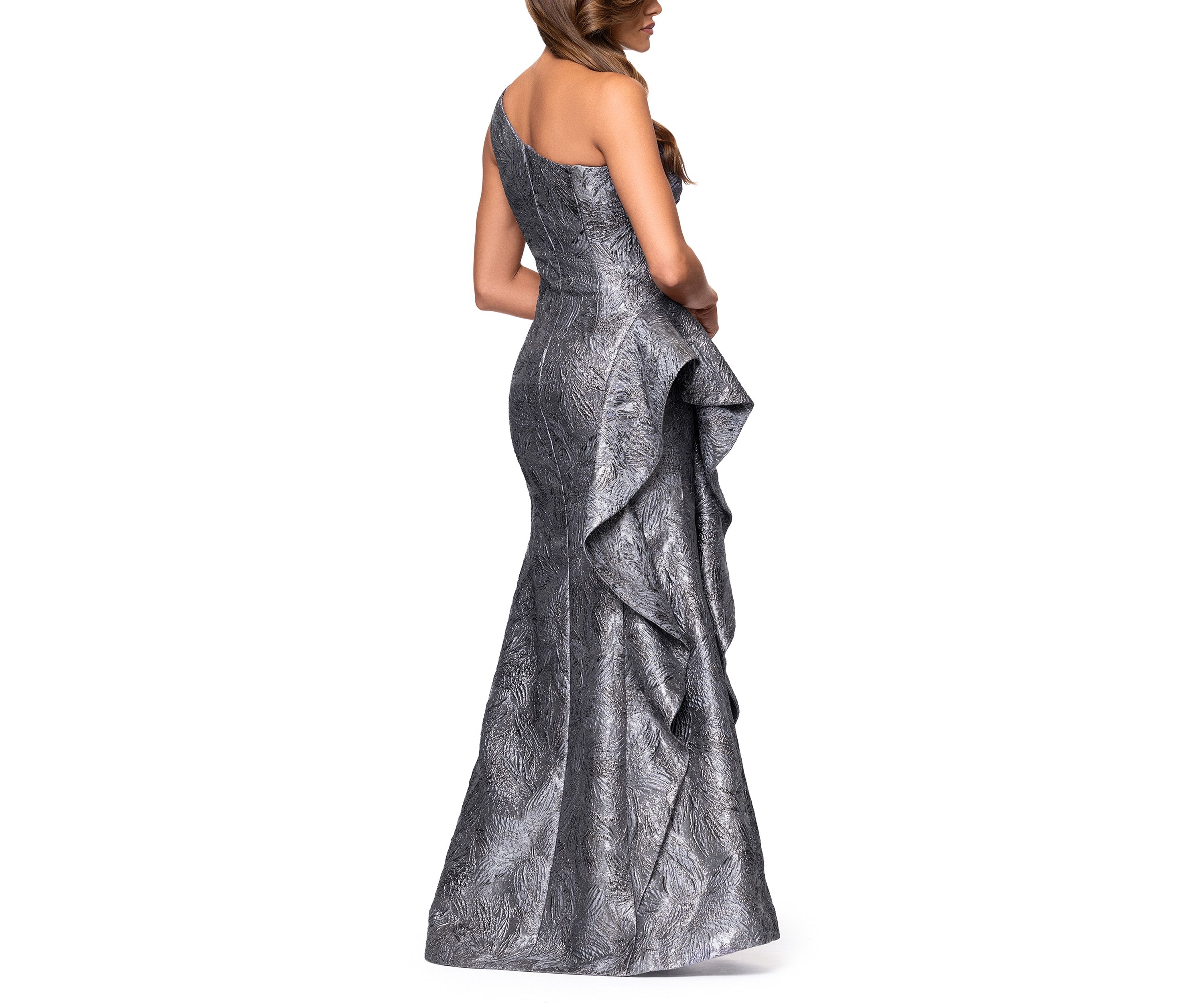Womens Sleeveless One Shoulder Side Ruffle Gown