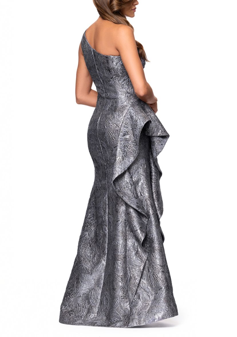 Womens Sleeveless One Shoulder Side Ruffle Gown