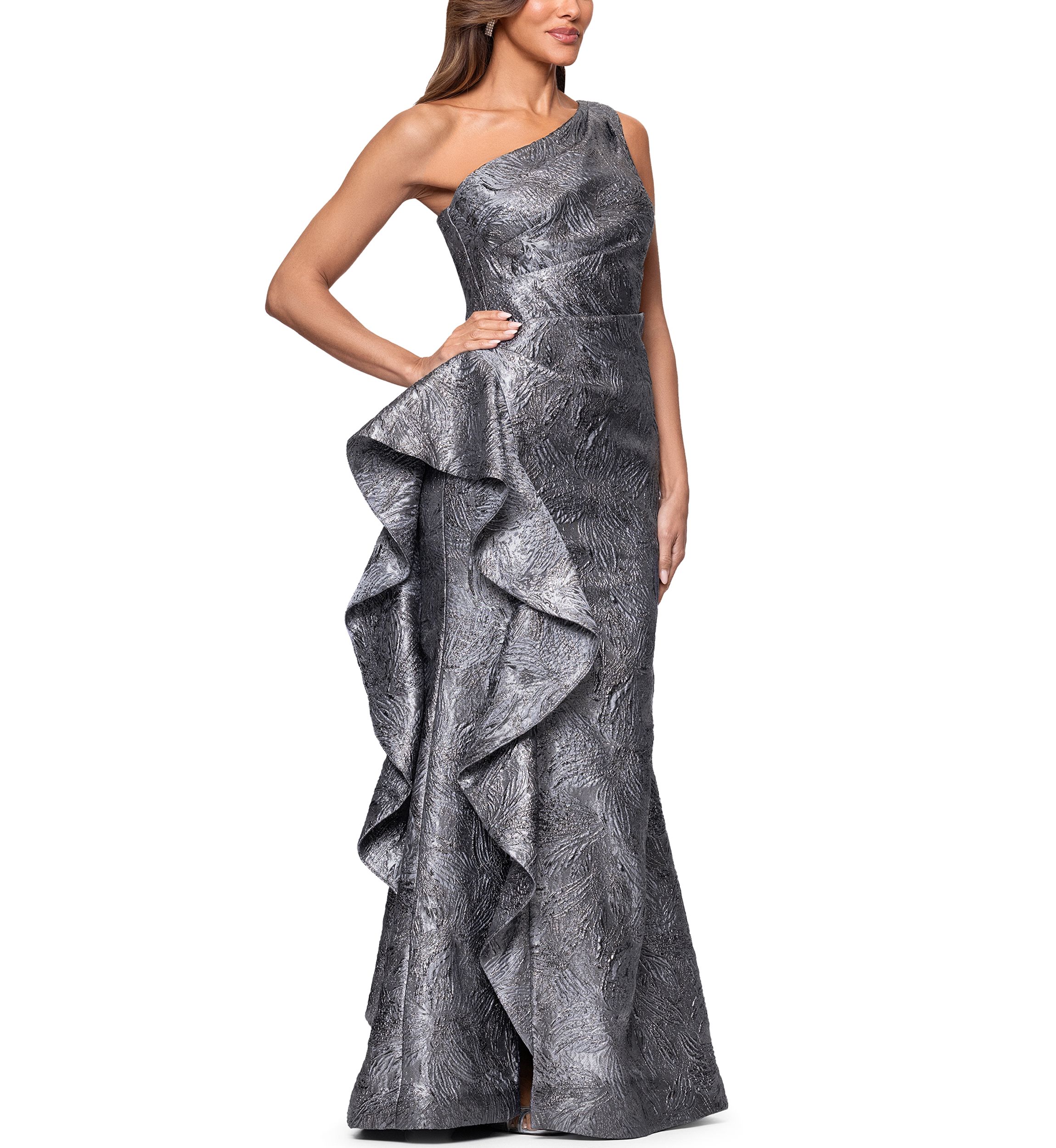 Womens Sleeveless One Shoulder Side Ruffle Gown
