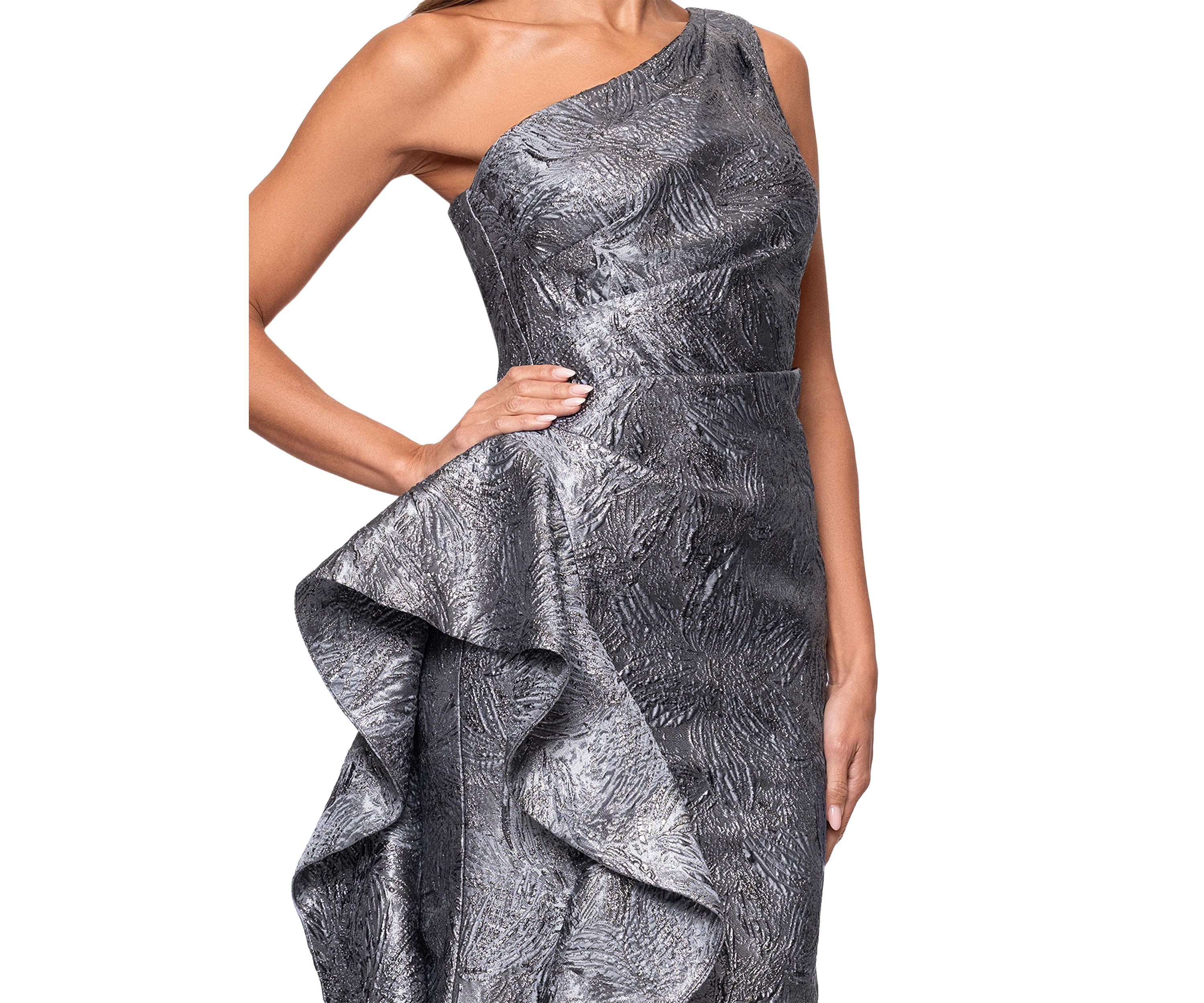 Womens Sleeveless One Shoulder Side Ruffle Gown