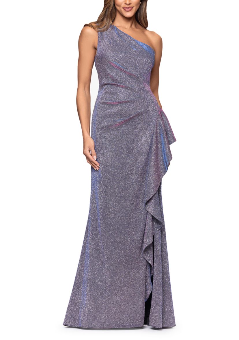 Womens One-Shoulder Glitter Gown