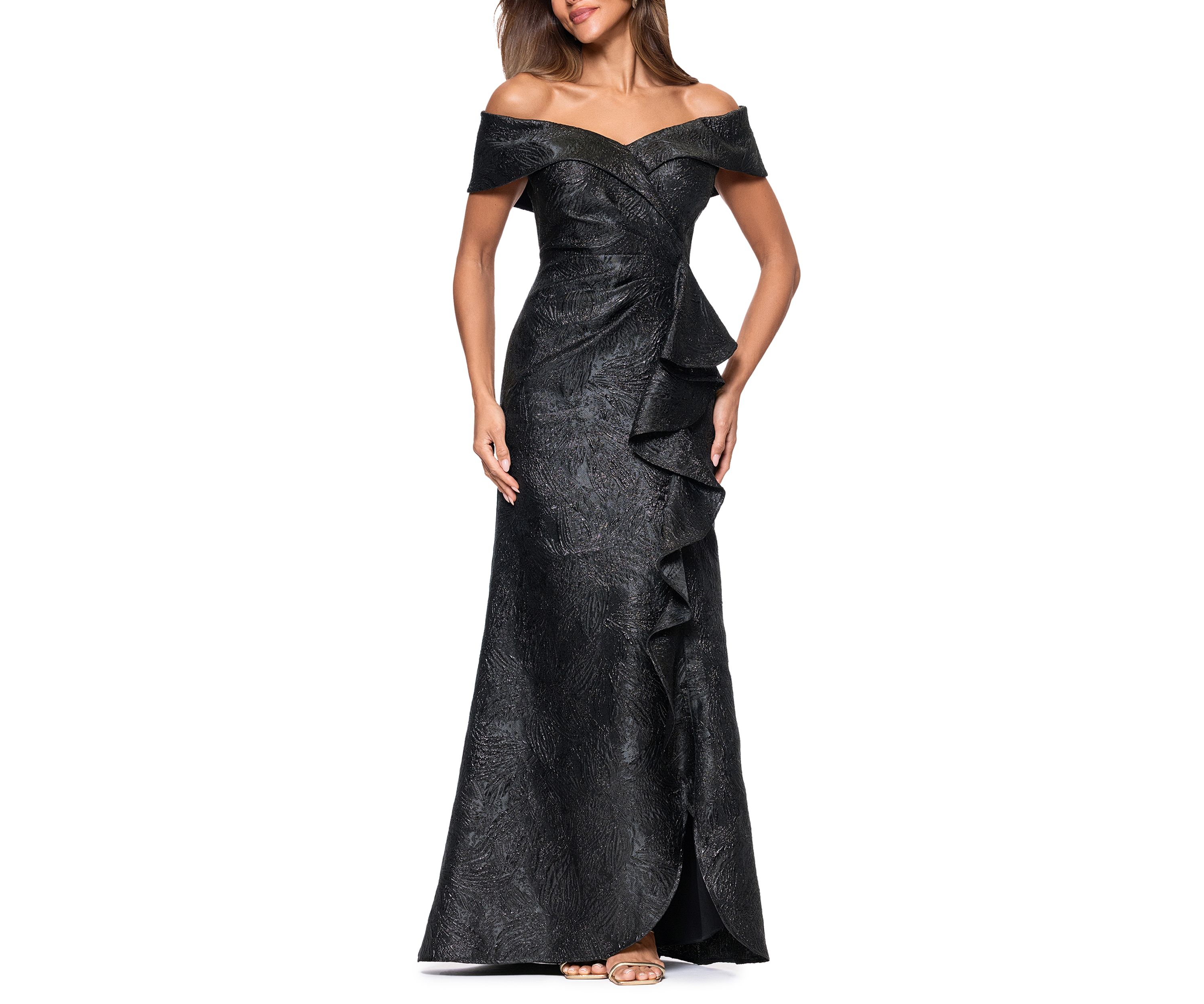 Womens Brocade A-Line Off the Shoulder Gown