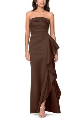 Xscape Women's Strapless Scuba Side Ruffle Gown, Brown, 12