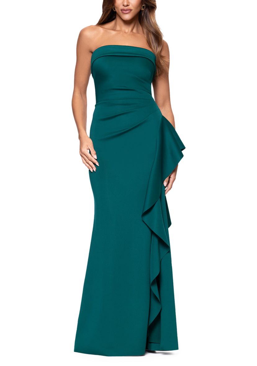Womens Strapless Scuba Side Ruffle Gown