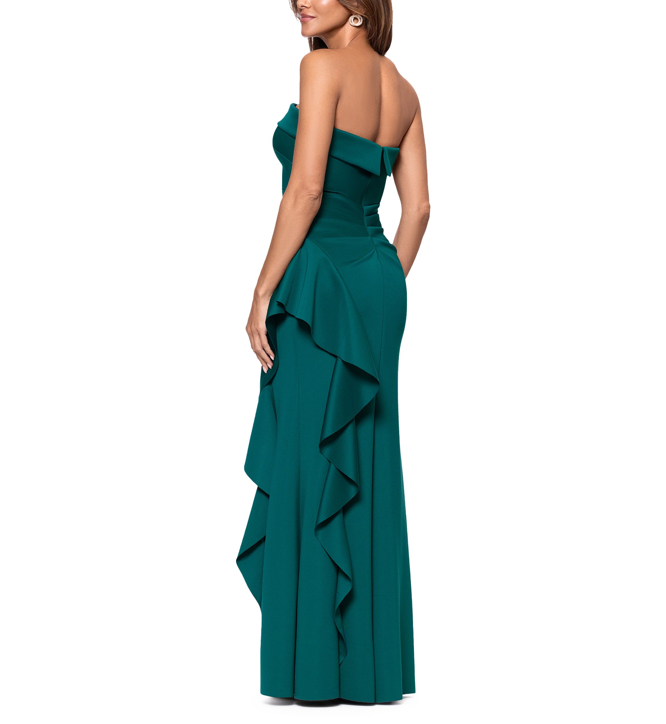 Womens Strapless Scuba Side Ruffle Gown