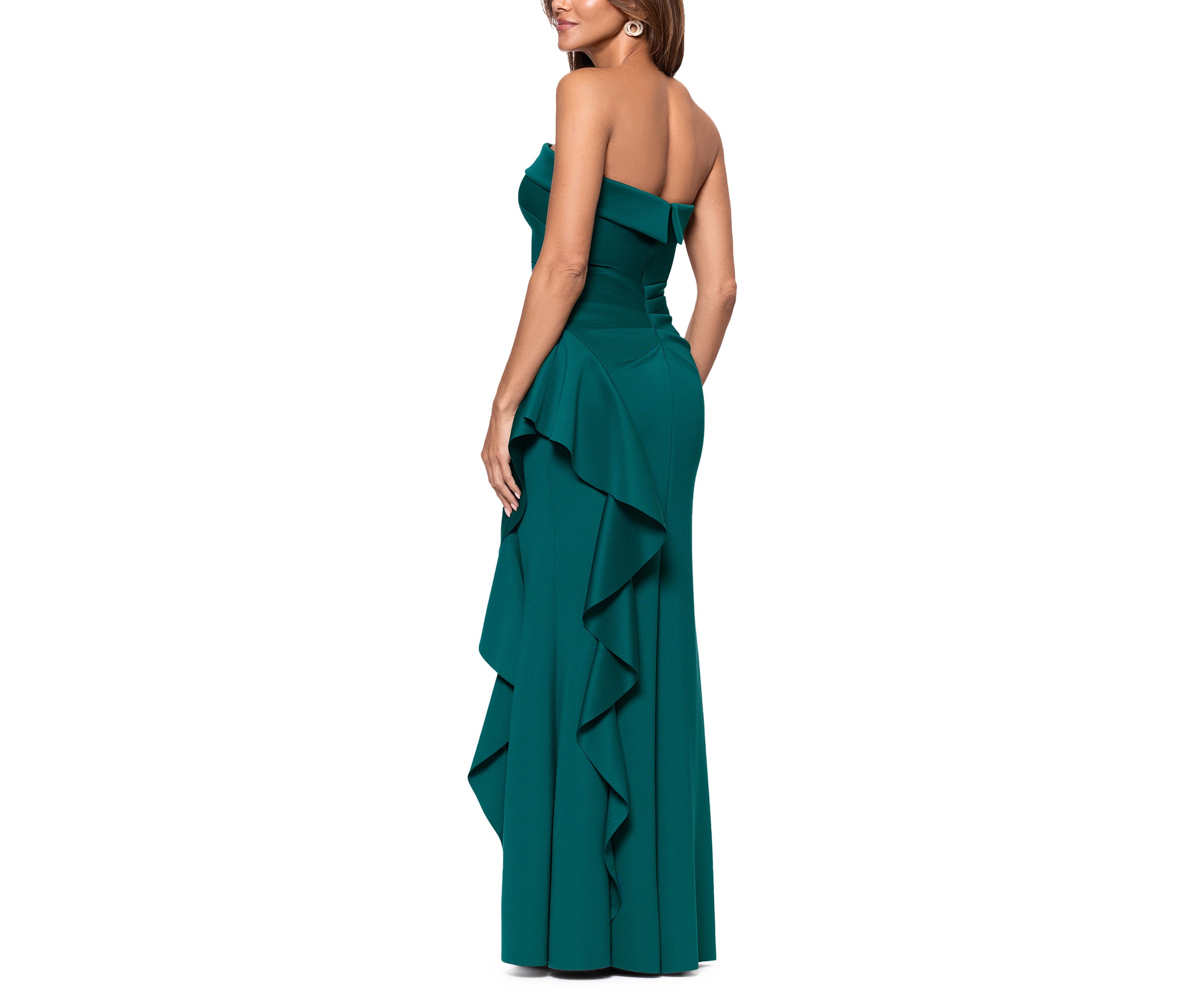 Womens Strapless Scuba Side Ruffle Gown