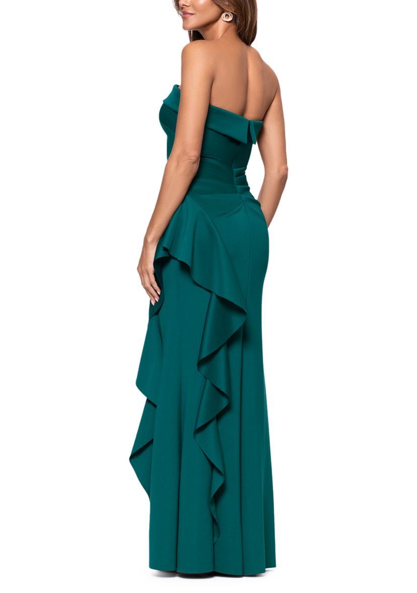 Womens Strapless Scuba Side Ruffle Gown