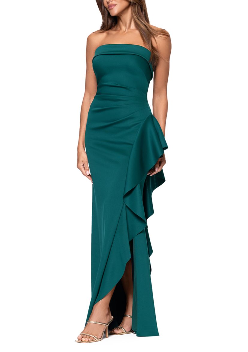 Womens Strapless Scuba Side Ruffle Gown