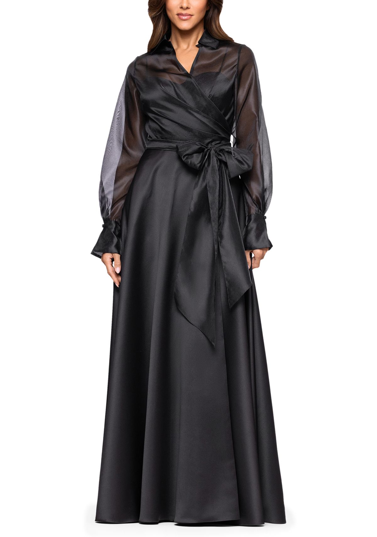 Womens Long Sleeve V-Neck Solig Organza Ballgown