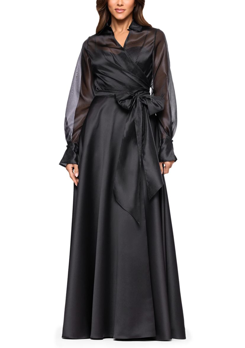 Womens Long Sleeve V-Neck Solig Organza Ballgown