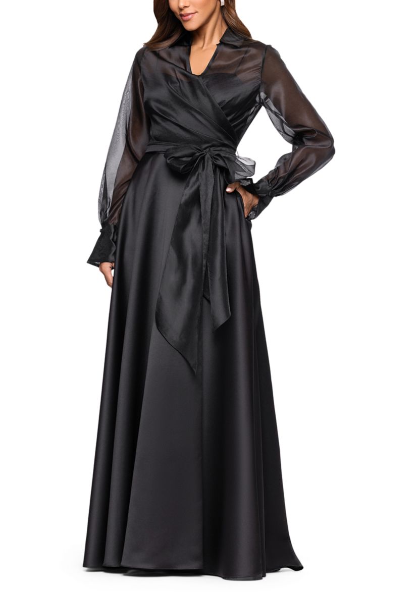 Womens Long Sleeve V-Neck Solig Organza Ballgown