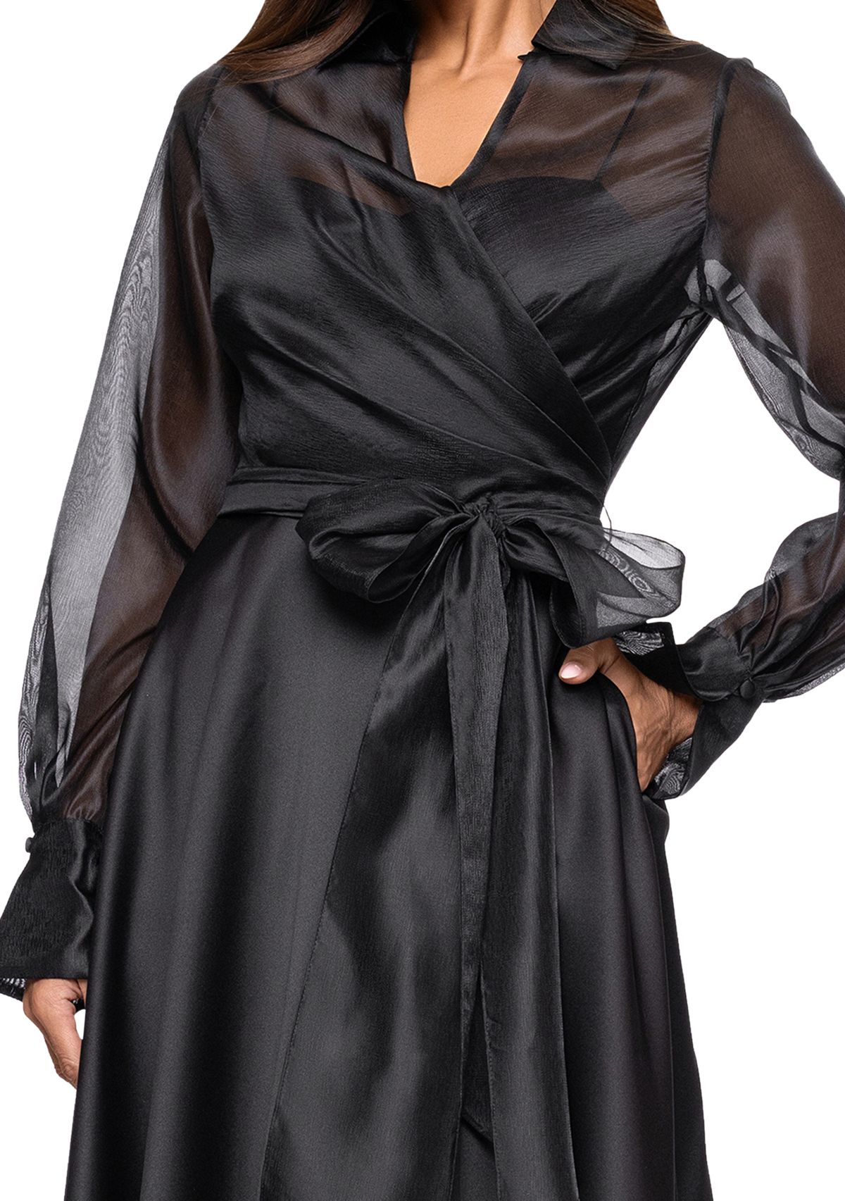 Womens Long Sleeve V-Neck Solig Organza Ballgown