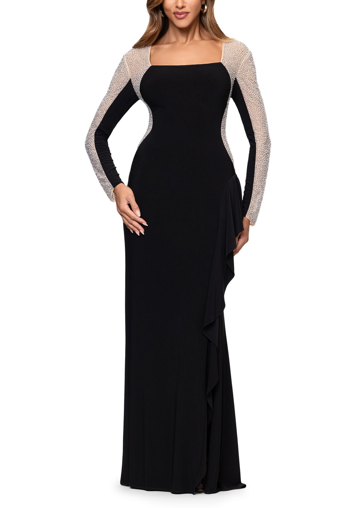 Womens Long Sleeve Square Neck Solid Slim Dress