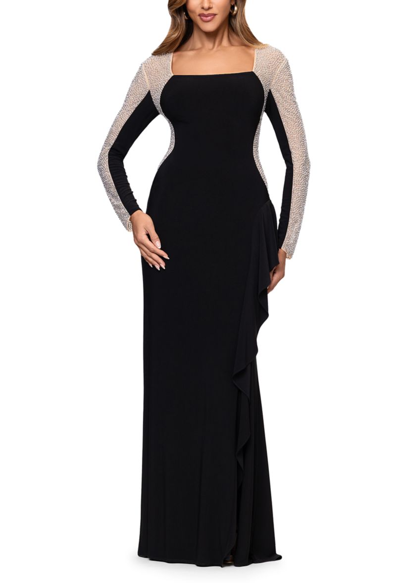 Womens Long Sleeve Square Neck Solid Slim Dress