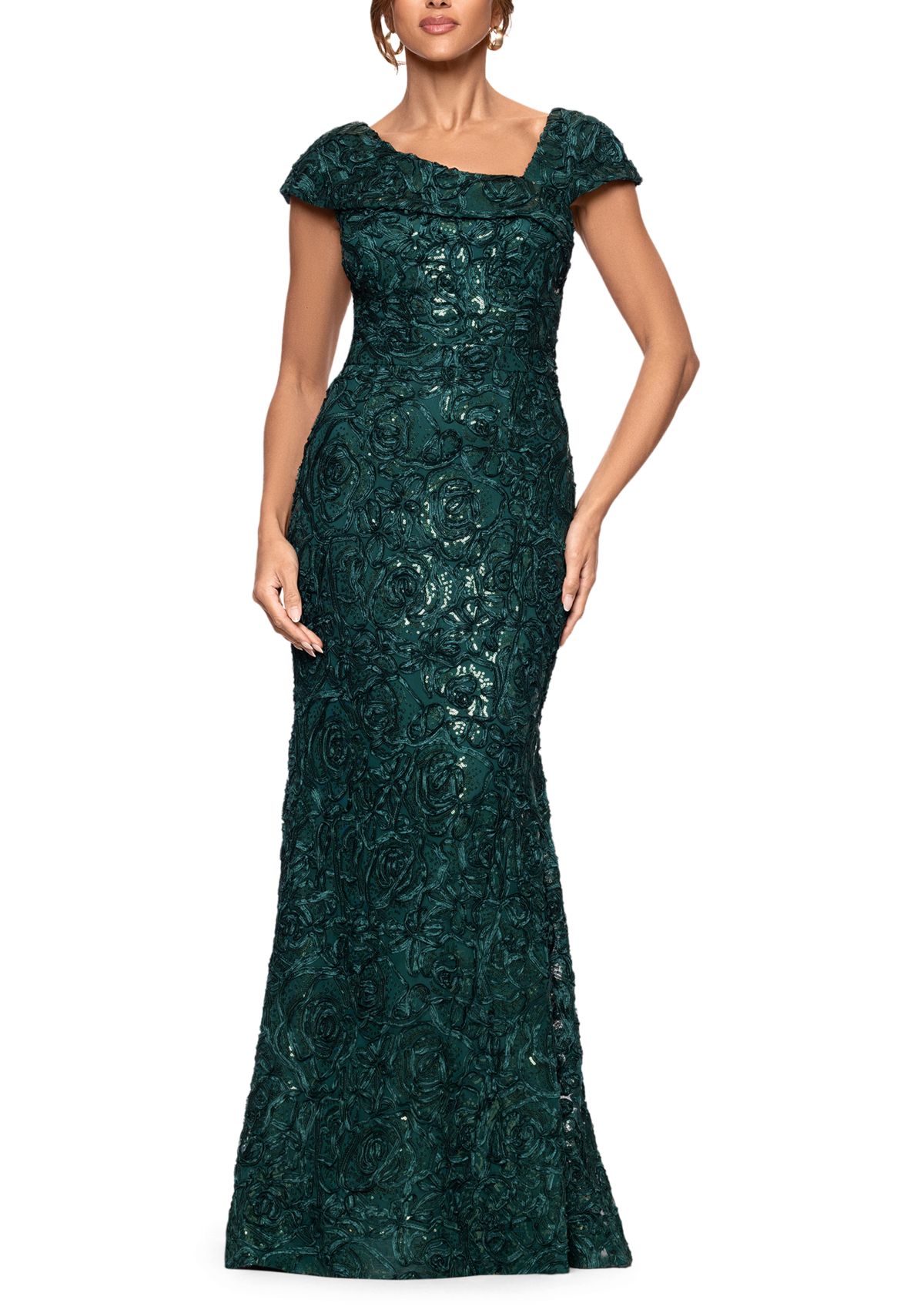 Womens Cap Sleeve Asymmetrical Neck Solid Lace Ballgown