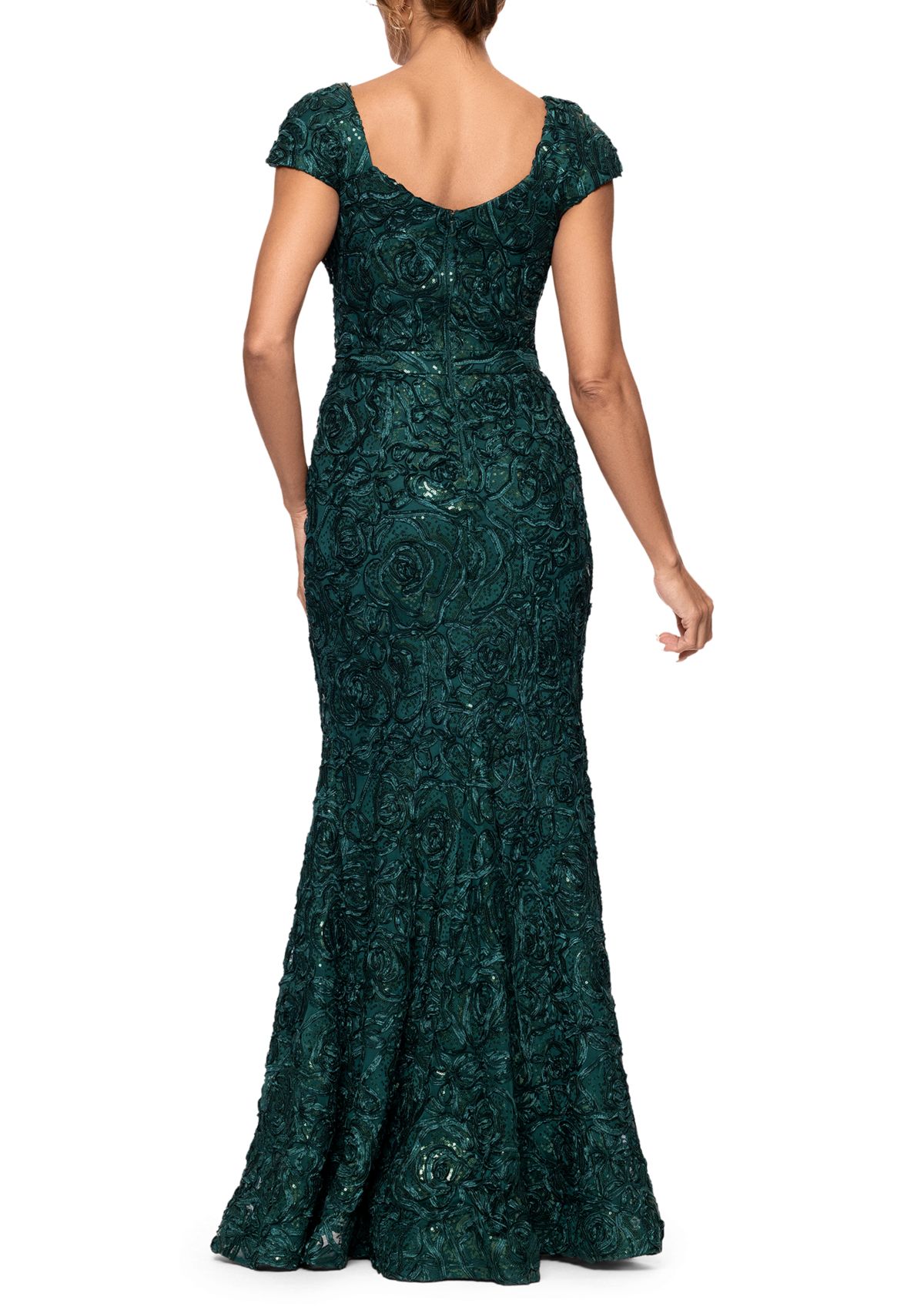 Womens Cap Sleeve Asymmetrical Neck Solid Lace Ballgown