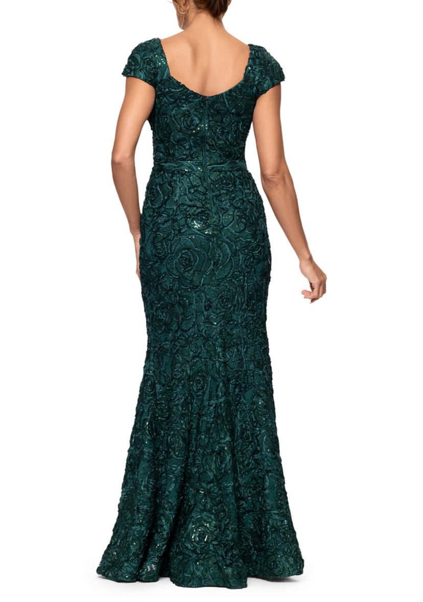 Womens Cap Sleeve Asymmetrical Neck Solid Lace Ballgown