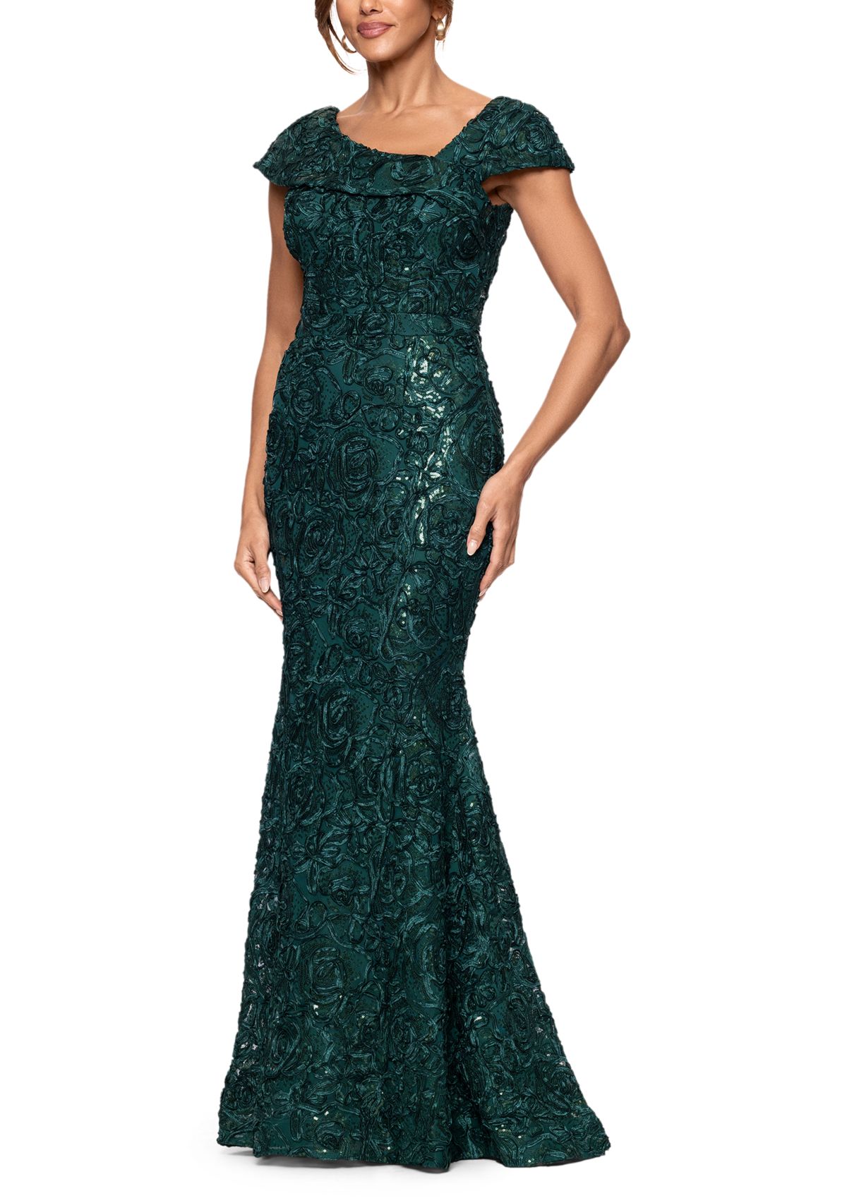 Womens Cap Sleeve Asymmetrical Neck Solid Lace Ballgown