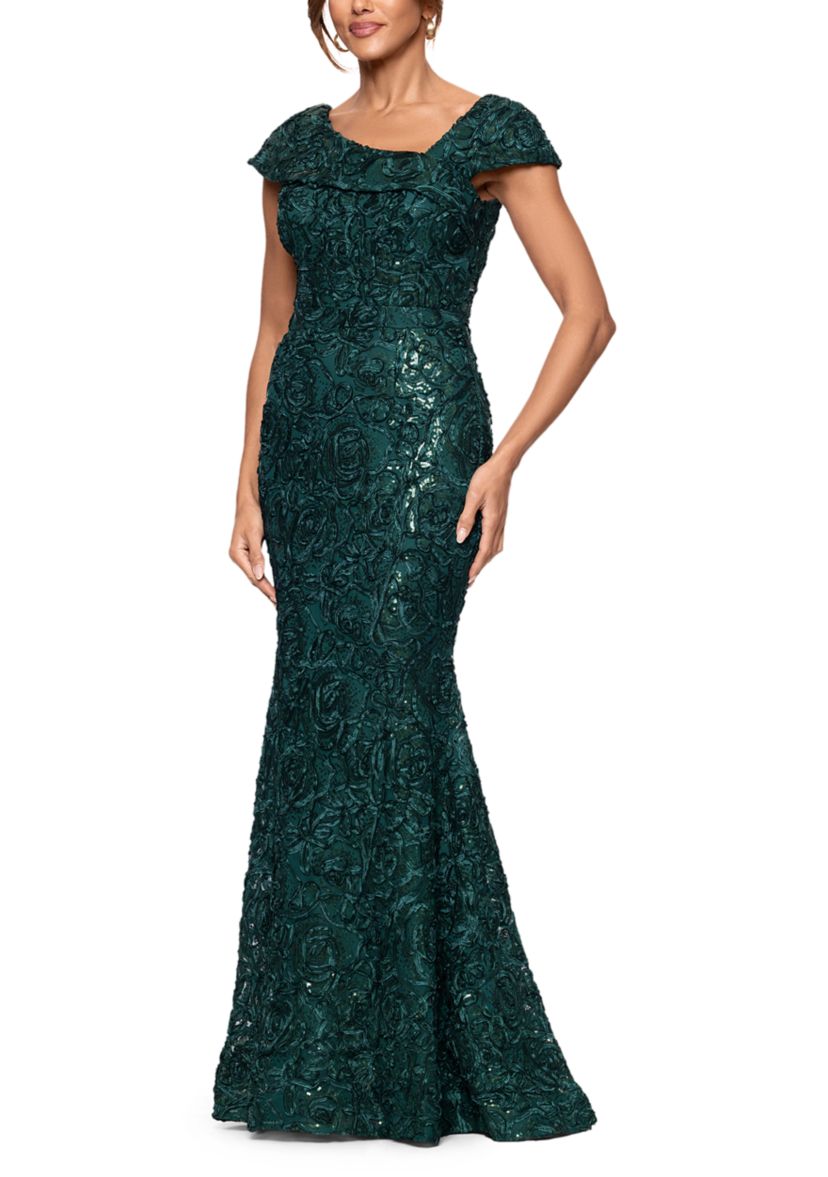 Womens Cap Sleeve Asymmetrical Neck Solid Lace Ballgown