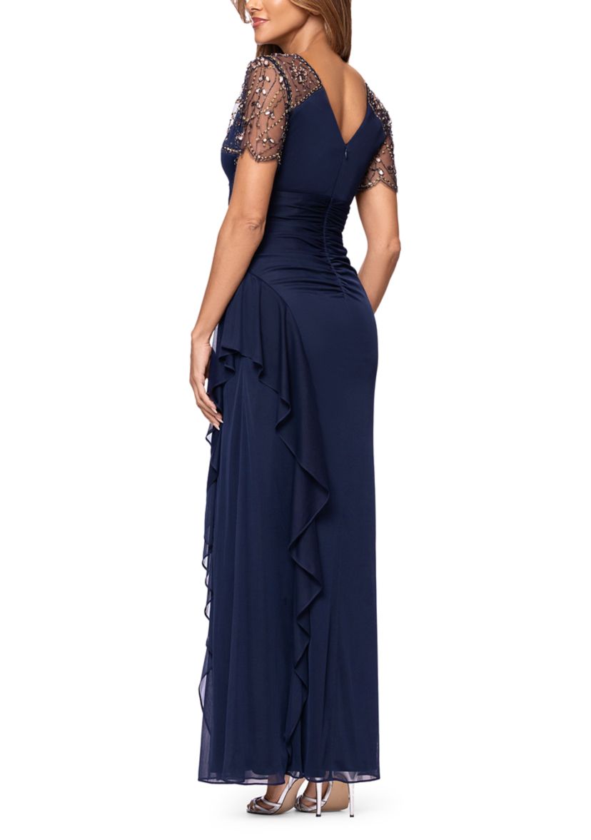 Womens Mesh Sleeve V-Neck Solid Slim Gown
