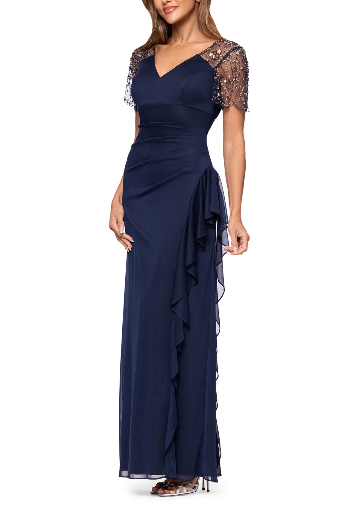 Womens Mesh Sleeve V-Neck Solid Slim Gown