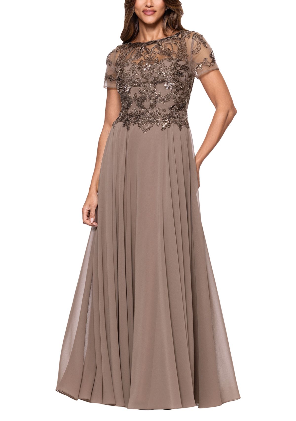 Womens Short Sleeve Solid Satin A-Line Ballgown